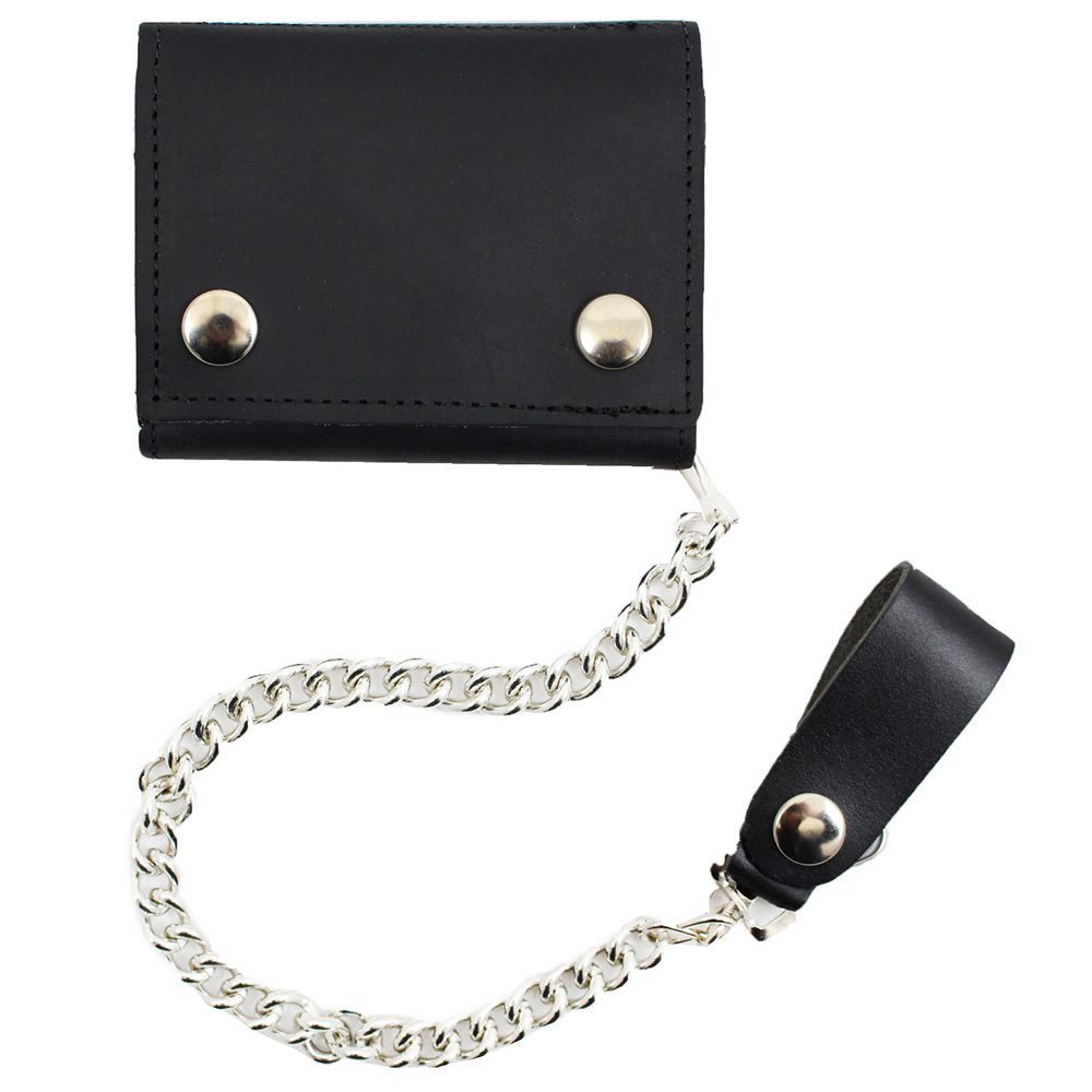 Leather Tri-Fold Wallet with Chain - Black | 0