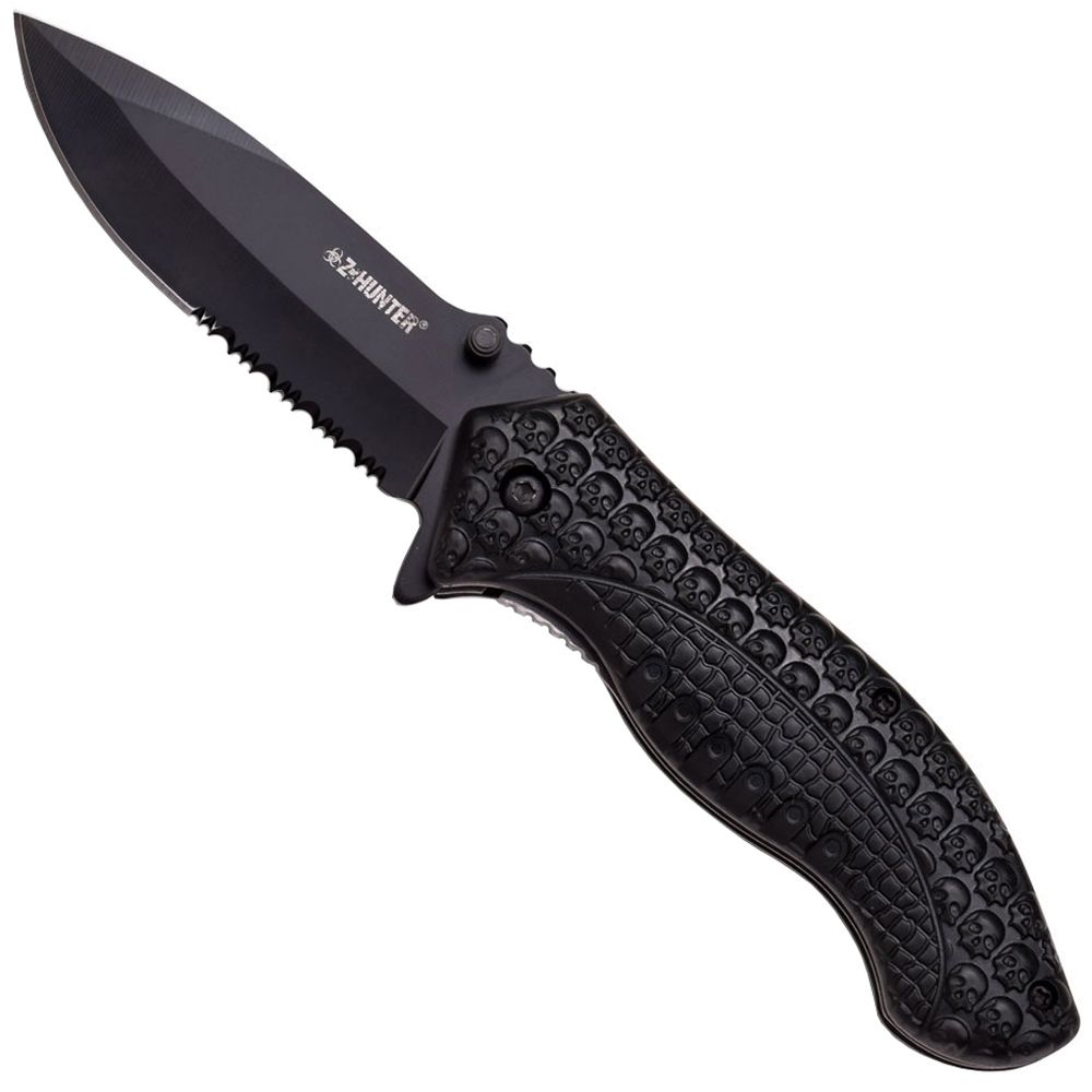 ZHunter ABS Skulls Handle Half Serrated Blade Folding Knife